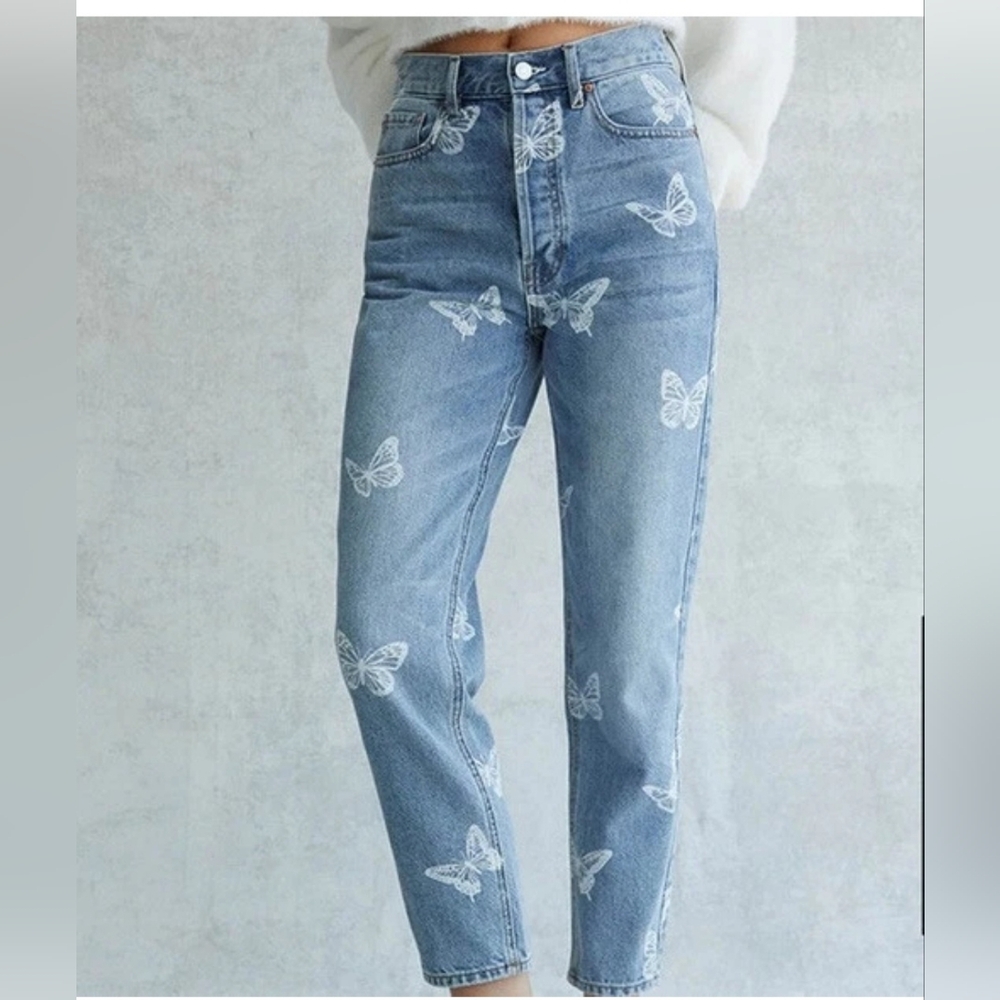 PacSun Ultra High Rise Slim Butterfly Print Jeans Light‎ Wash Blue Size 23